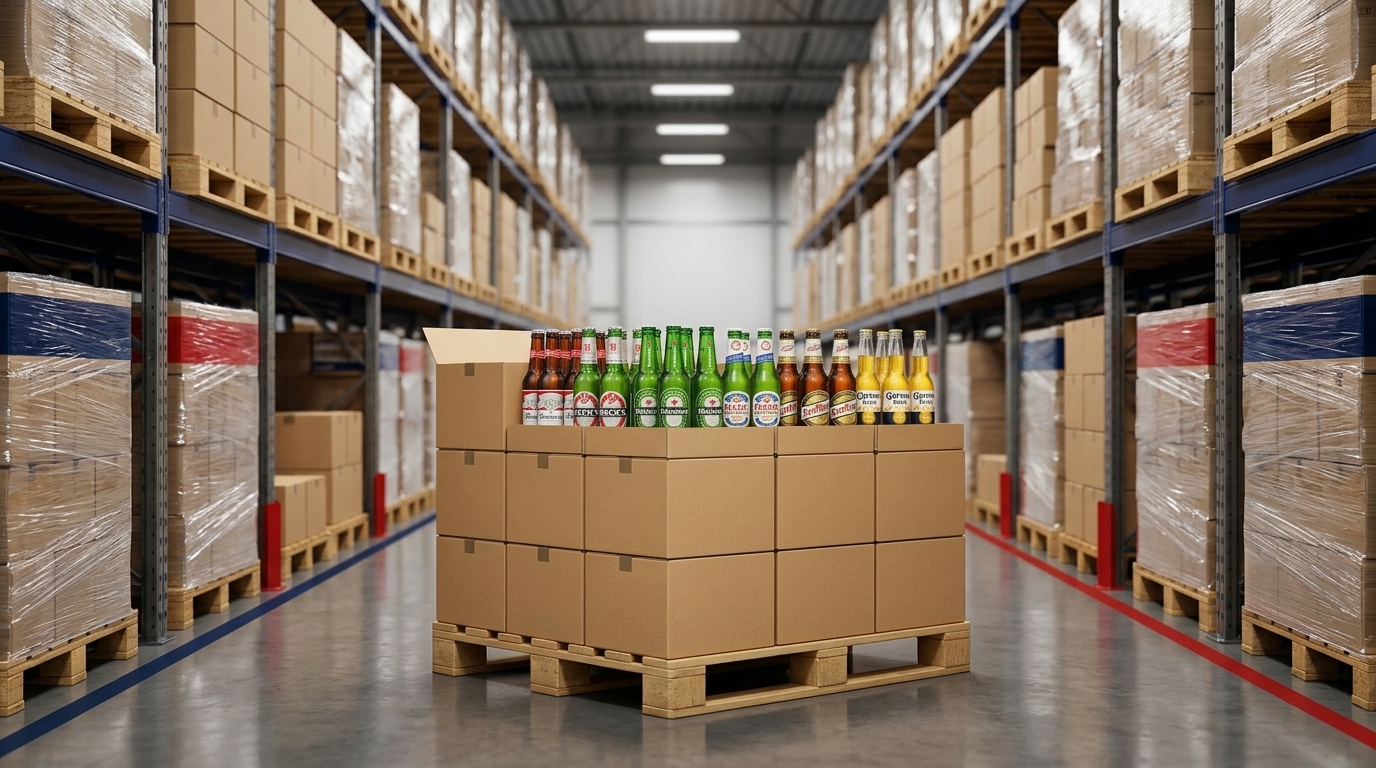 Premium beverage bottles and cartons prepared for wholesale dispatch