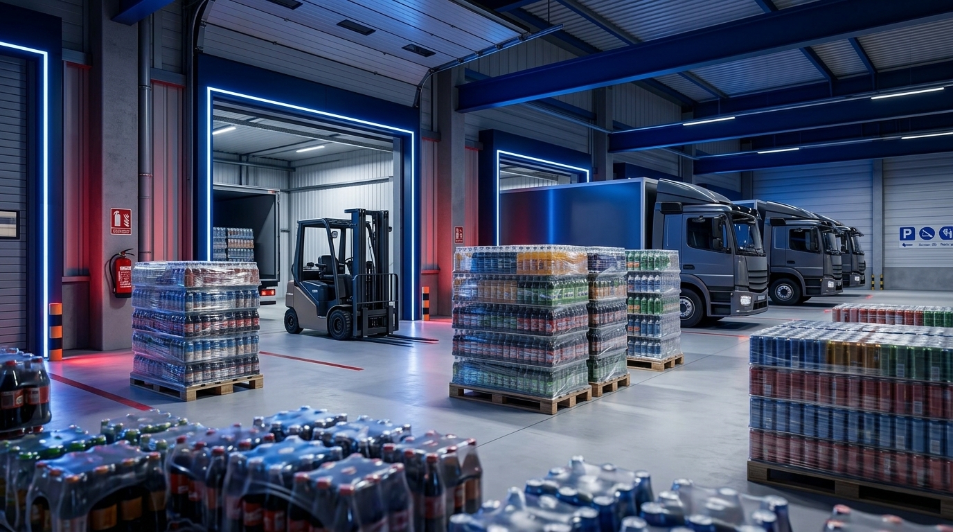 European beverage logistics operation with pallets ready for movement